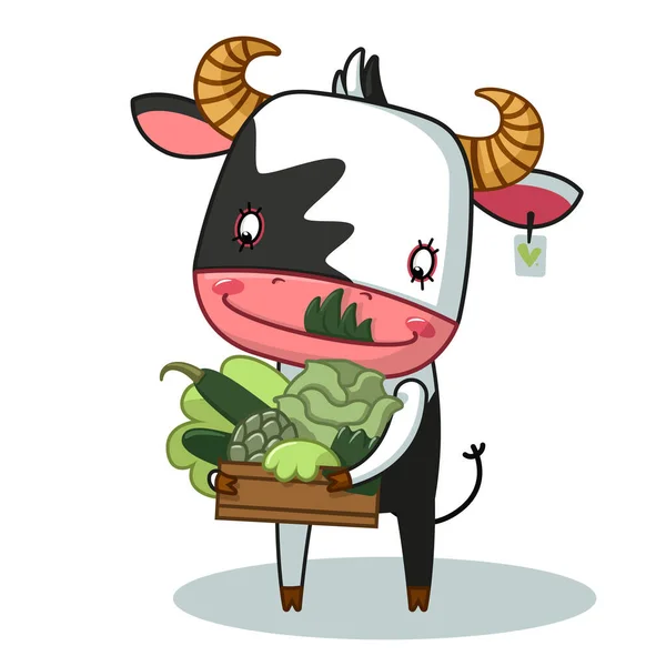Cute Bull Oferuje Wiele Zielonych Warzyw — Wektor stockowy