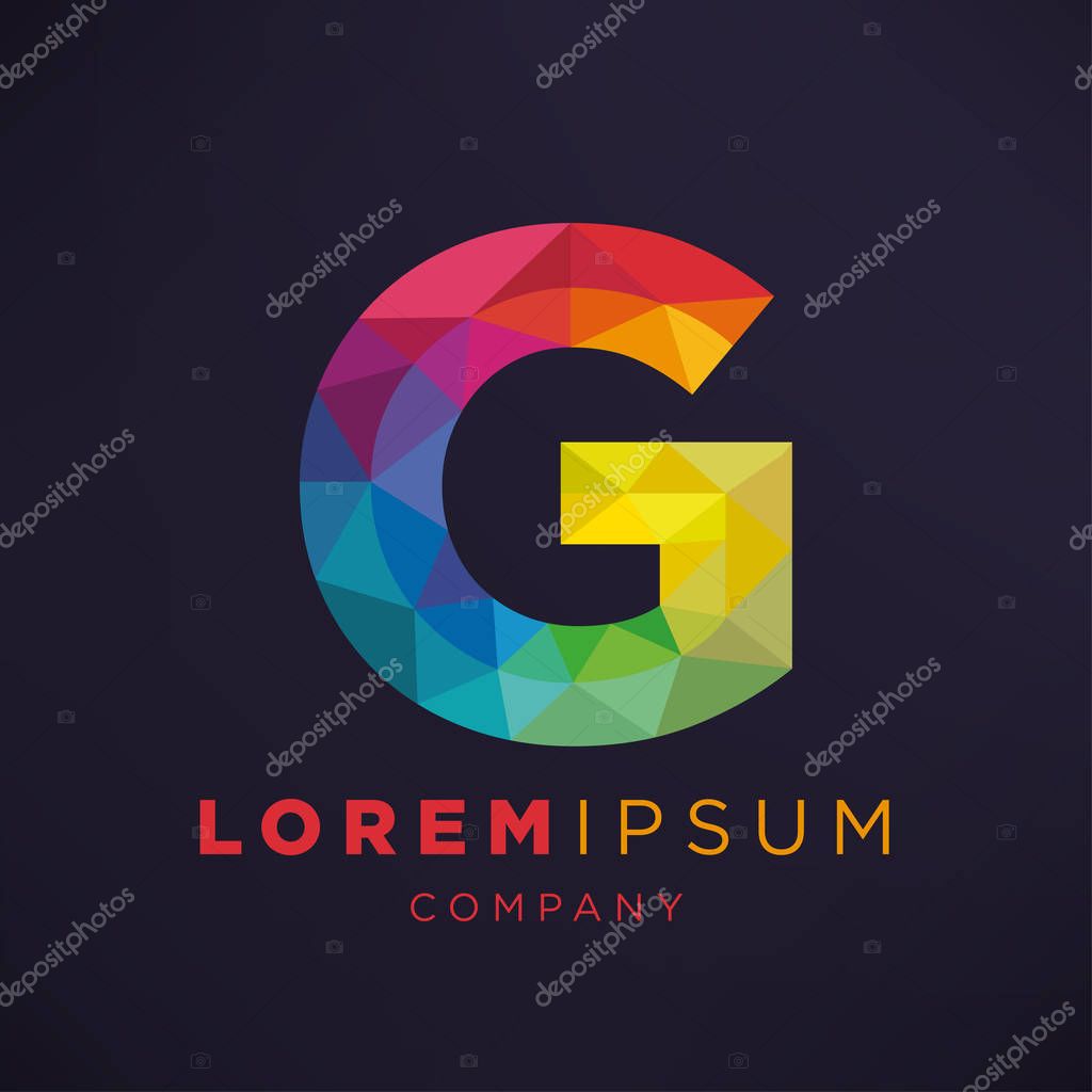 Corporate polygonal logo design with colorful letter G over black background, vector illustration, lorem ipsum company text