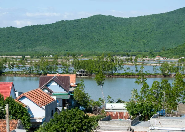 Vietnam manzaralı ev, su dolu pirinç tarlaları ve güneşli bir günde bitki örtüsüyle kaplı dağlar.