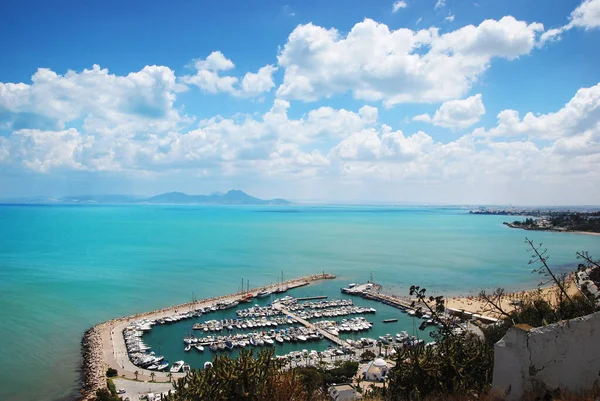 Yat limanının yükseklerinden manzara, masmavi deniz, dağlar ve mavi gökyüzü. Harbor Sidi Bou Said