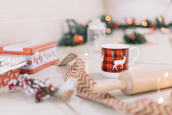 Deer mug on decorated kitchen bar for Christmas