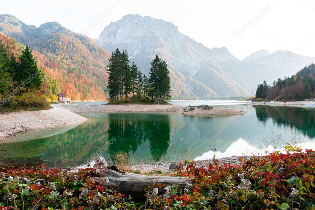 Landscape view of Predil lake shore, Italy, Europe