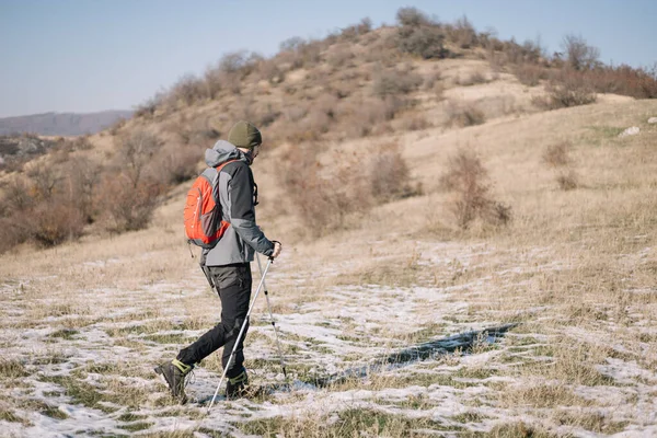 Achteraanzicht van de mens wandelberg met behulp van palen — Stockfoto