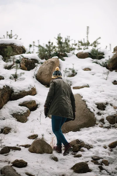 Back of a woman hiking snowy hill — Stock fotografie