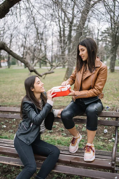 Девушки сидят на скамейке в парке с подарком — стоковое фото