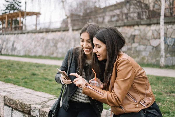 Kaya bariyerinde otururken telefon kullanan arkadaşlar