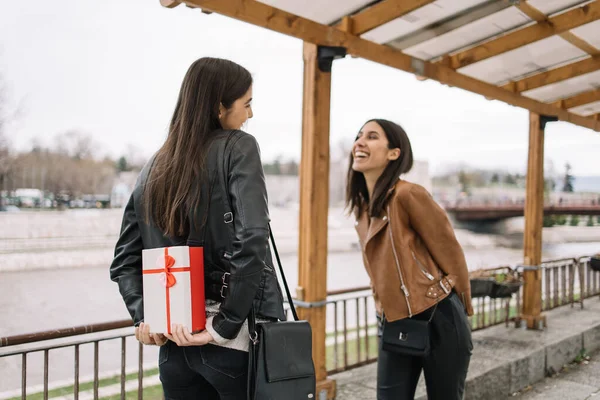 Mujer sosteniendo caja de regalo detrás de la espalda — Foto de Stock