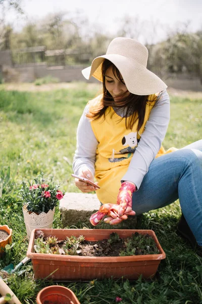 Wanita muda duduk di kebun dan melihat teleponnya — Stok Foto