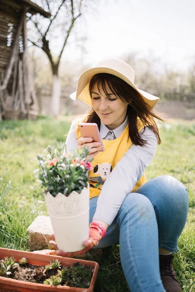 Wanita tukang kebun mengambil foto bunga yang ditanam — Stok Foto