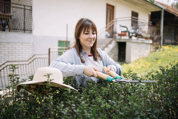 Perempuan tukang kebun memotong semak-semak menggunakan gunting taman — Stok Foto
