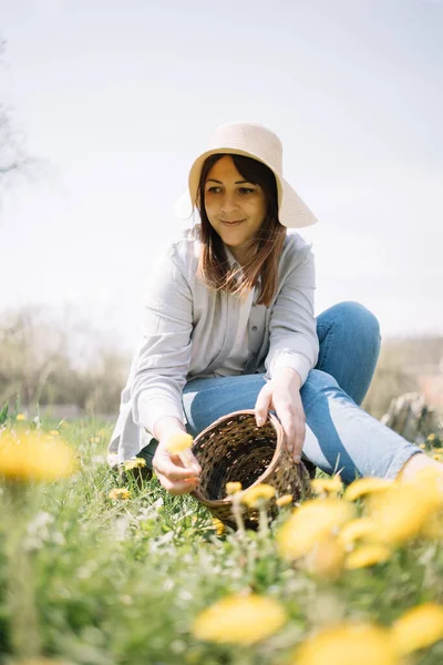 Wanita di tanah memetik bunga ke keranjang wicker — Stok Foto