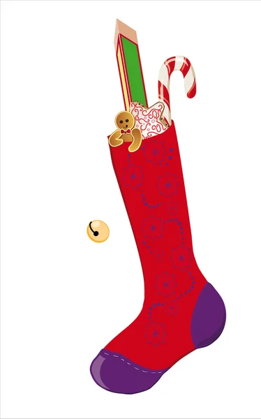 Red sock and decorated, full of gifts — Stockový vektor