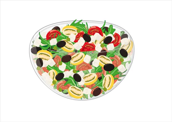 Ensalada mixta con tomates amarillos y rojos, aceitunas, cohete y che — Vector de stock