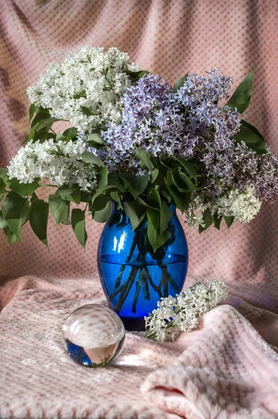 Vie Morte Avec Lilas Dans Vase Bleu — Photo