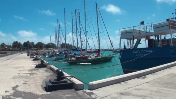 RAROTONGA, ILHAS COOK - JULHO 6, 2013: Porto de Avatiu ou Porto de Avarua. Marina com barcos atracando no Porto de Avatiu em Rarotonga Ilhas Cook maior porto na Polinésia do Pacífico Sul — Vídeo de Stock