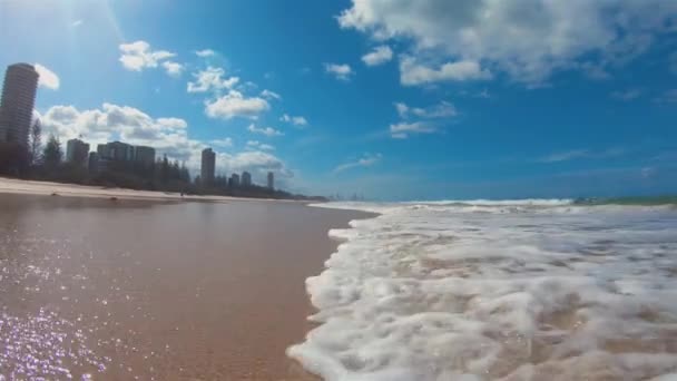 Strandsurf & Meereswellen. Gezeiten & Sandküste & Wolkenkratzer an der Goldküste — Stockvideo