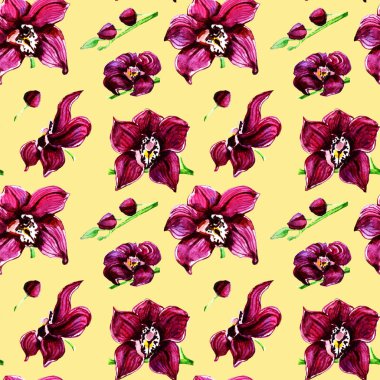 watercolor illustration pattern with pink orchids on a yellow background