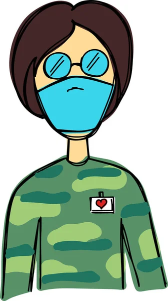 Vektör, tıbbi maske takmış kadın bir askeri polis ya da er resmi çiziyor. Bunu bir logo, illüstrasyon, ikon, grafik tasarım, web tasarımı, reklam, poster, uyarı veya tanımlama olarak kullanabilirsiniz..