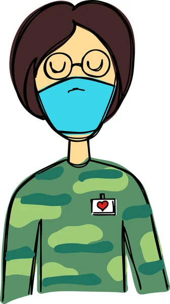 Vektör, tıbbi maske takmış kadın bir askeri polis ya da er resmi çiziyor. Bunu bir logo, illüstrasyon, ikon, grafik tasarım, web tasarımı, reklam, poster, uyarı veya tanımlama olarak kullanabilirsiniz..