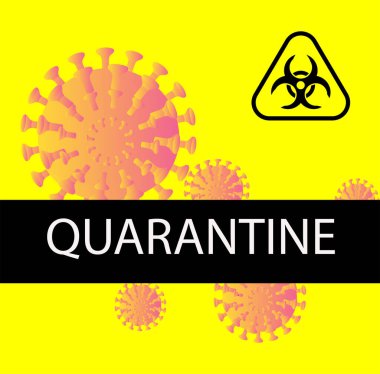  Karantinaya alın. Biyolojik tehlike belirtileri, sarı arka planda virüsler. Poster, afiş, vektör illüstrasyonu