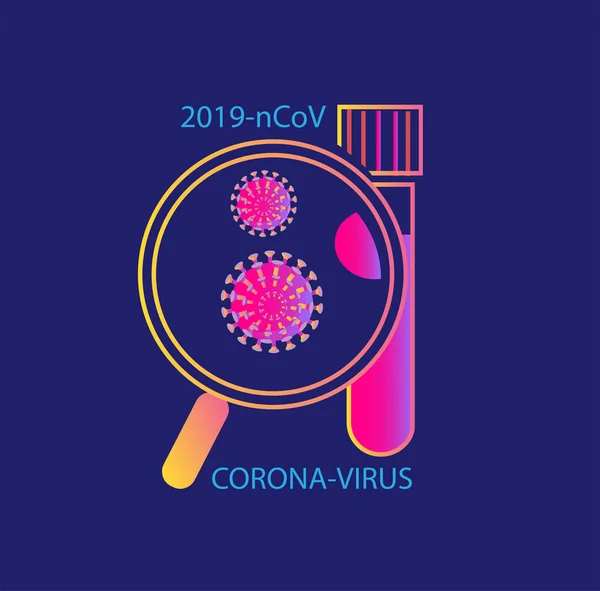 Büyüteç altındaki virüsler ve kan dolu bir test tüpü. oronavirüs 2019-nCoV. Harika renkler. Vektör