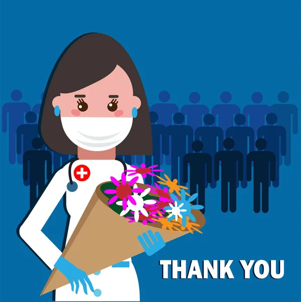 Elinde bir buket çiçekle bir kadın doktor. Doktorlar sağ olsun. İyileşen hastaların minnettarlığı. Kartpostal ya da poster için. Vektör düz resimleme