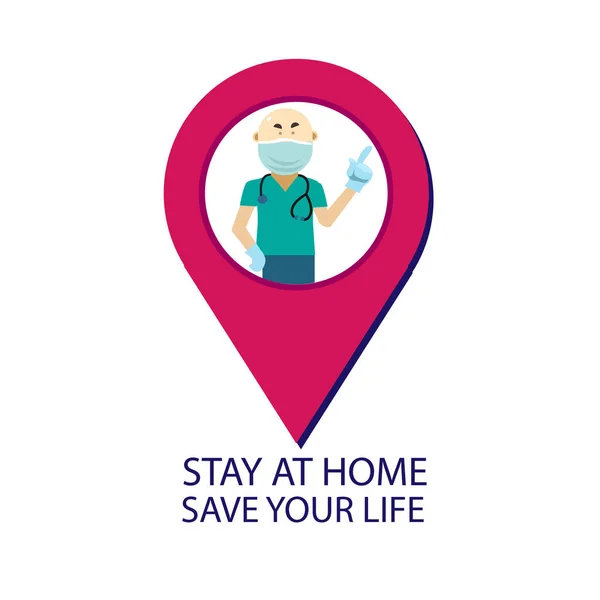 Coğrafi göstergelerdeki doktor. Evde kalıp hayatınızı kurtarın. Karantinaya alın. Çizgi film karakteri. Vektör düz resimleme
