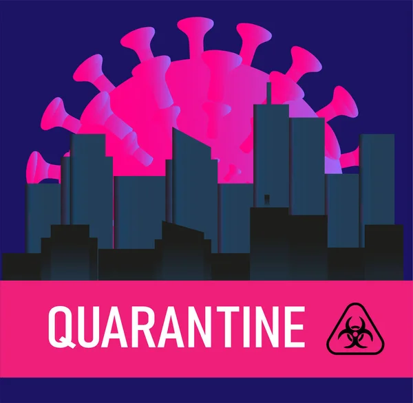 Quarantaine Metropool Dawn Vorm Van Een Virus Silhouetten Van Wolkenkrabbers — Stockvector