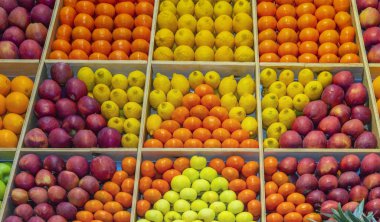 Birçok meyve elma limonu kutuların içinde duruyor ve bir süs, desen oluşturuyor. Yukarıdan görüntüle