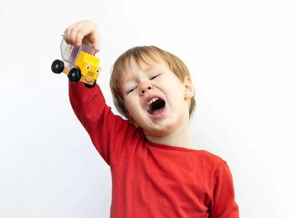 Child Boy Lifted Car Truck Screams Joyfully Kid Emotionally Playing — Stock Photo, Image