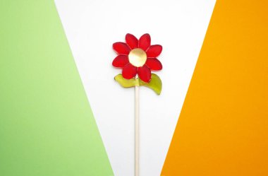 Renkli kağıda yazılmış çiçek gibi lolipop. Yaz ve bahar konsepti. Üst görünüm.
