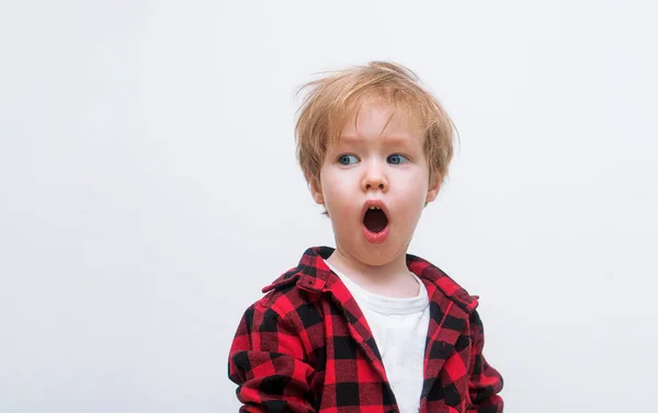 European Blond Child Opened His Mouth Surprised Kid Looking Free — Stock Photo, Image