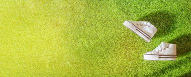 Parktaki çimlerin üzerinde Unisex White spor ayakkabıları. Üst görünüm ve boşluk kopyala. Sağlık sporu ve moda konsepti. İnsan yok, ceset yok. Pankart