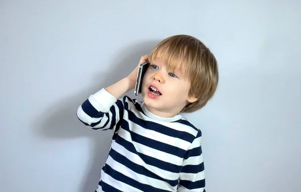 Little European Child Blond Child Plays Looks Side Free Space — Stock Photo, Image