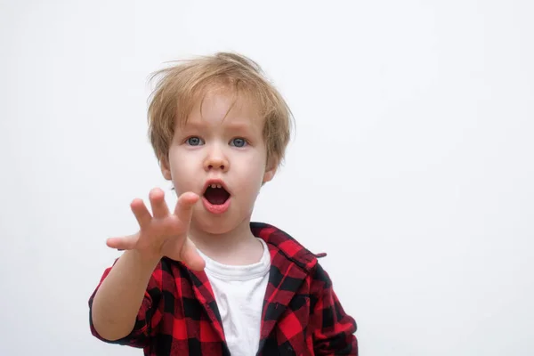 Child 3-4 years old with a surprised open mouth pulls his hand forward to meet the camera on a white background — Stock Photo, Image