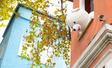 Binanın penceresinden bakan büyük beyaz oyuncak ayı. Pembe renkli bina.