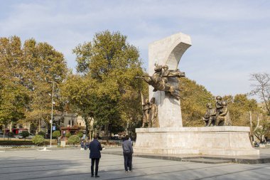 Istanbul, Turkey - December-16.2019Fatih Sultan Mehmet Memorial near Valens Aqueduct in Zeyrek district of Istanbul