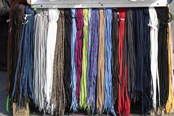 Hanging Shoe Laces Have Different Colors Varieties — Stock Photo, Image