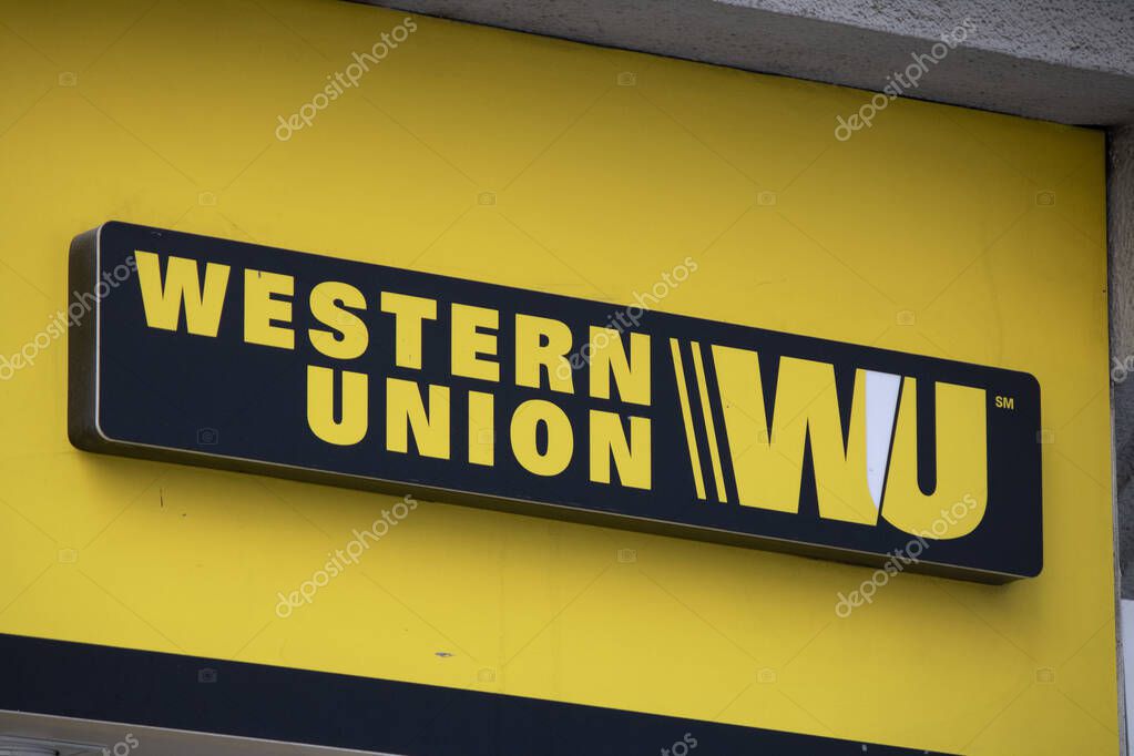 Istanbul, Turkey - October-27.2019: Western Union sign is yellow and black. He withdrew.