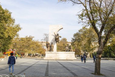 Istanbul, Turkey - December-16.2019Fatih Sultan Mehmet Memorial near Valens Aqueduct in Zeyrek district of Istanbul