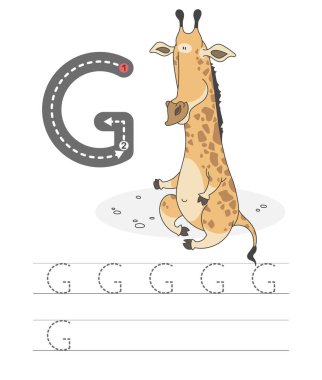 Bir harf yazmayı öğrenmek - G. Çocuklar için bir takım egzersiz oyunundan pratik bir sayfa. Mektuplu komik hayvan çizgi filmi. Alfabeyi heceliyorum. Çocuk gelişimi ve eğitim. Zürafe - Vektör.