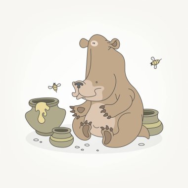 Bir orman hayvanının çizgi film karakteri. Komik kahverengi ayı oturur ve bal ve arılarla poz verir. Vektör illüstrasyonu