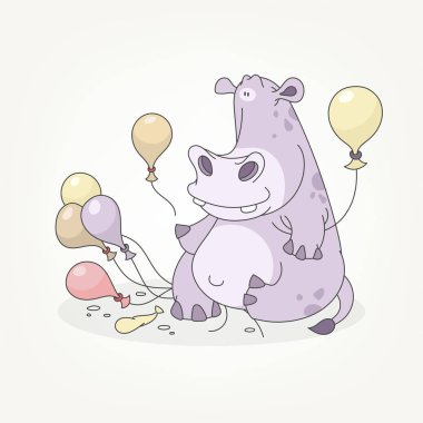 Afrikalı bir hayvanın çizgi film karakteri. Komik su aygırı elinde balonlarla oturup poz veriyor. Vektör illüstrasyonu