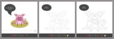 Çocuklar için Eğlence Dersleri - Diy! Çocukların yaratıcılığı için bir kart seti. Orijinal komik domuz, noktaları birleştirmek için karakter şablonu ve renklendirmek için siluet - Vektör