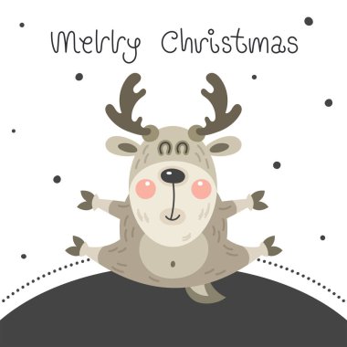 Mutlu Noeller ve mutlu yıllar tebrik kartı. Çizgi film Noel karakteri. Karda zıplayan sevimli pembe bir geyik. Vektör illüstrasyonu.