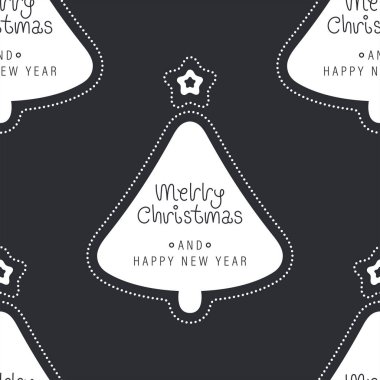 Mutlu Noeller ve mutlu yıllar tebrik kartı. Çizgi film Noel karakteri. Şirin pembe noel ağacı. Vektör illüstrasyonu.