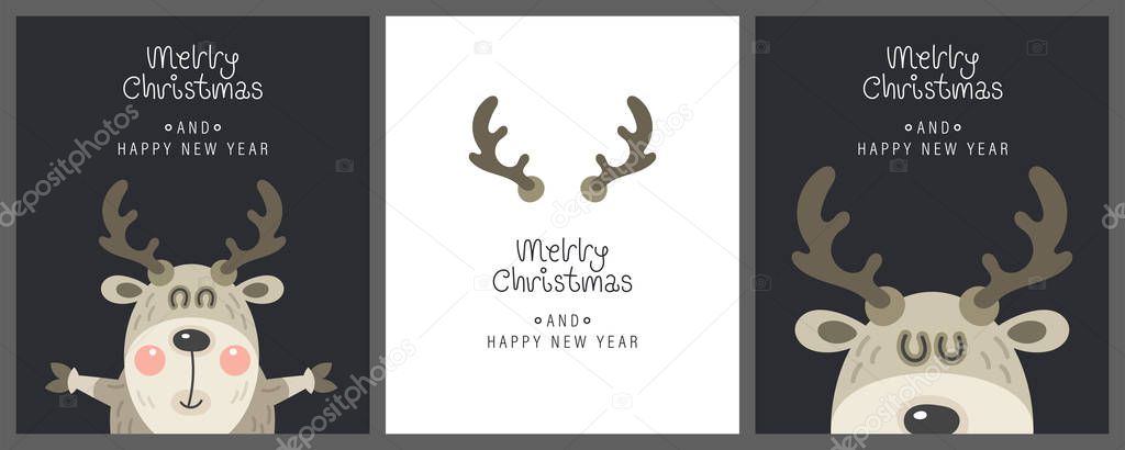 Merry christmas and happy new year greeting card. Cute christmas deer with horns and greeting lettering. Vector illustration.