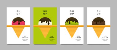 Buzlu waffle külahında dondurma broşürü tasarımı. Farklı tatları olan tatlı bir tatlı. Vektör illüstrasyonu.