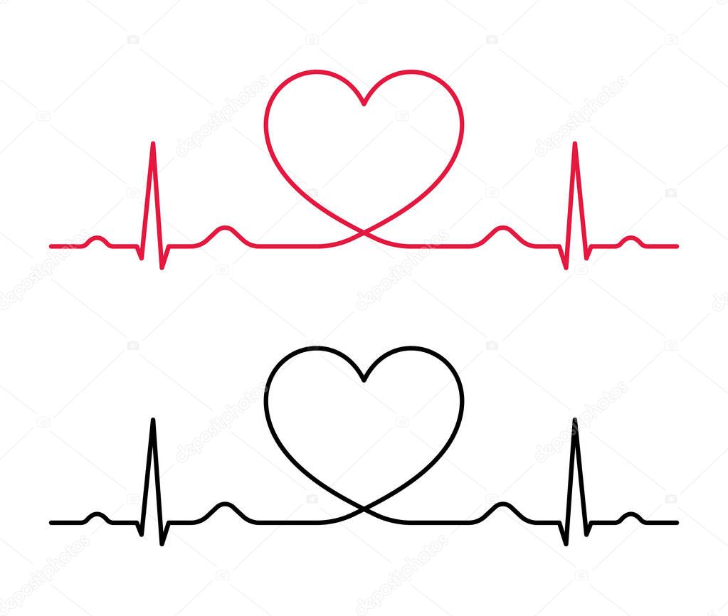 Heart beat line red and black. Red heartbeat line of life and black heartbeat line of death. Red and black heart with palpitation. Vector illustration