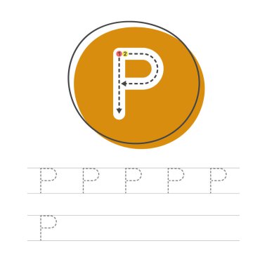 Mektup yazmayı öğreniyorum. Çocukların gelişimi ve eğitimi için yapılan bir dizi egzersizin pratik sayfası. İngiliz alfabesinden bir mektup yazıyorum. Vektör illüstrasyonu.